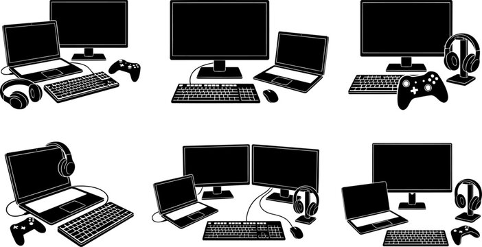 Computer desk setup silhouette collection showing gaming stations and laptops on transparent background