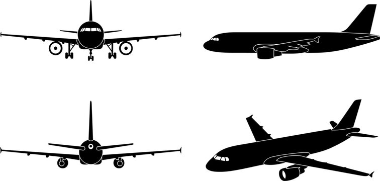 Commercial passenger airplane aircraft silhouette set displaying flight views and angles pack