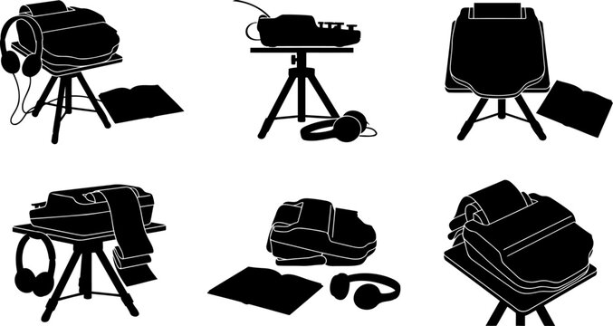 Court reporter stenographer equipment set featuring stenotype machines and headphones silhouettes