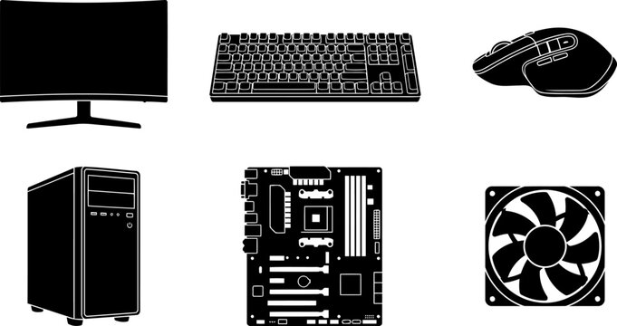 Custom gaming pc components and computer hardware vector icon set on white
