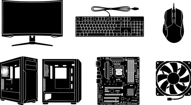 Custom pc gaming hardware set with curved monitor motherboard cases and cooling fans
