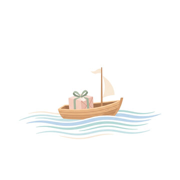 Minimalist Wooden Boat Carrying Gift on Calm Water