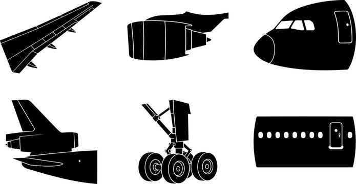 Jet airliner aircraft parts silhouette bundle showing fuselage nose wing and engine elements