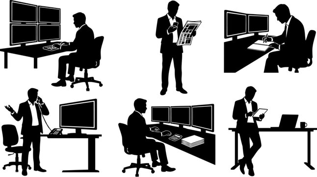 Office executives and financial traders silhouette vector icon set working on computers