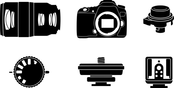 Photography camera gear silhouette set presenting lenses and dslr body on transparent background