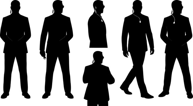 Private security bodyguards silhouettes set featuring men in suits with earpieces