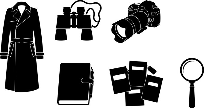Private detective investigator equipment pack featuring trench coat binoculars and camera silhouettes