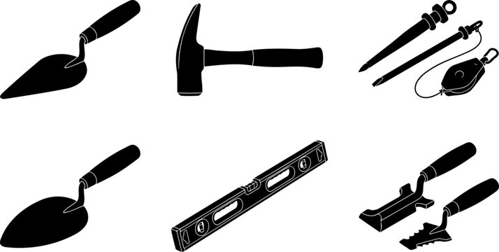 Professional masonry and bricklaying hand tools silhouette set for building construction designs