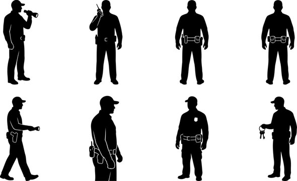 Professional security guard silhouettes collection featuring officers with flashlights and walkie-talkies