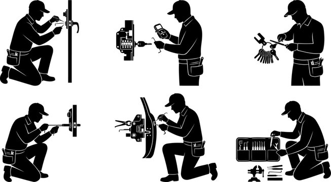 Professional locksmith service worker silhouette bundle repairing door locks and holding keys