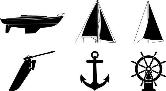 Sailing vessel nautical equipment bundle showcasing sailboat hull sails anchor and wheel