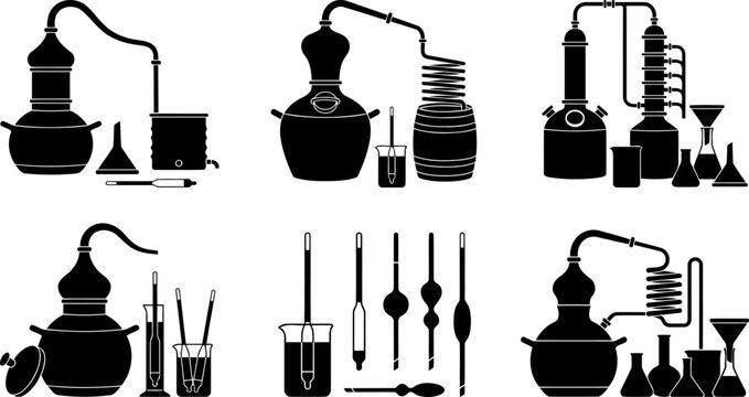 Silhouette bundle of copper alembic stills purifying liquid spirits in craft distillery labs