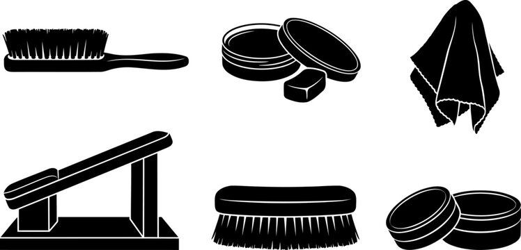 Shoe shine and leather care kit silhouette pack containing brushes and polish