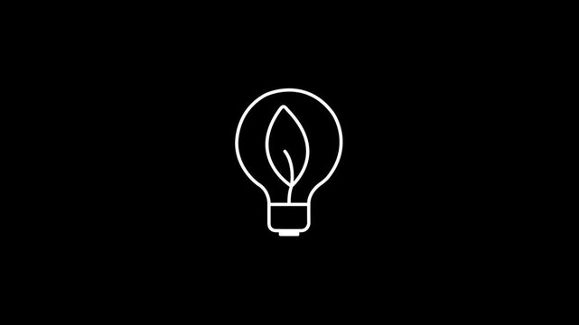 Eco light bulb icon with leaf animation green energy renewable electricity sustainability concept white minimalist line drawing loop motion graphic isolated on black background.