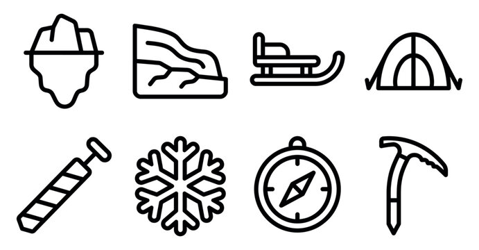 Set of winter and adventure icons with iceberg tent compass and snowflake symbols in a simple line style Minimal stroke icon set bundle collection. Editable Vector Illustration Mega pack