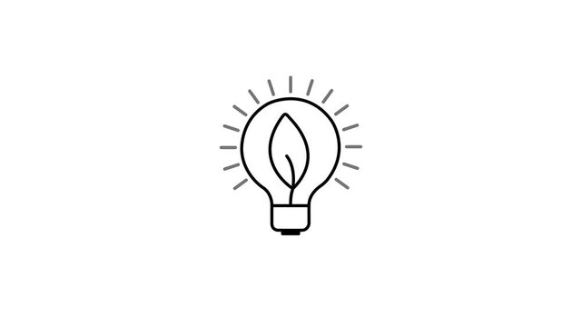 Eco light bulb icon with leaf animation green energy renewable electricity sustainability concept black minimalist line drawing loop motion graphic isolated on white background.
