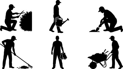 Fototapeta premium Silhouette pack of active gardeners working isolated on transparent background