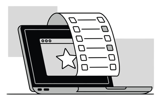 Stylized illustration of a laptop computer with a floating film strip or checklist showing a star rating icon on the screen.