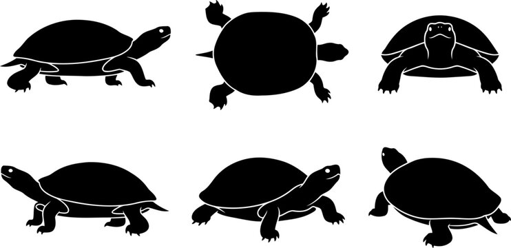 Silhouette set of swimming and crawling turtles on transparent background