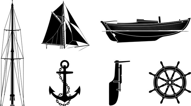Traditional sailboat rigging and maritime equipment collection featuring mast sails anchor and rudder