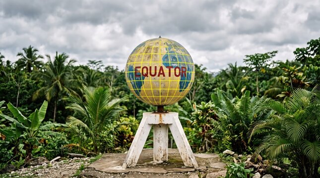 Equator landmark globe in lush tropical rainforest travel destination