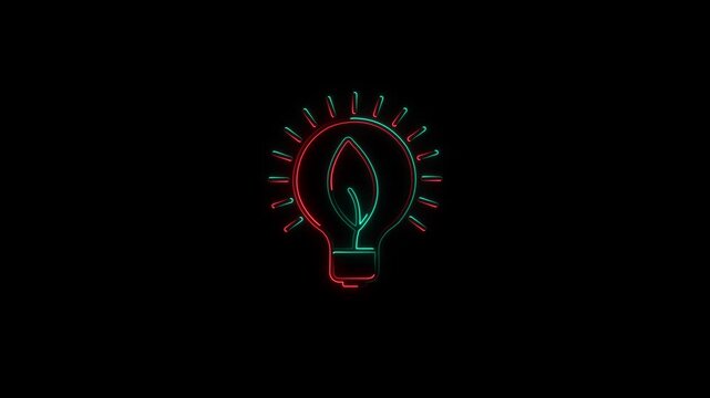 Glitch eco light bulb icon leaf animation red cyan anaglyph line drawing green energy renewable electricity sustainability futuristic cyberpunk concept loop motion graphic on black background.