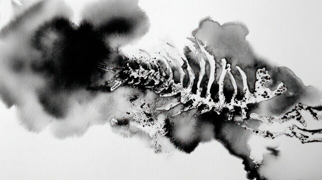 Abstract ink wash painting in grayscale showing organic forms and textures