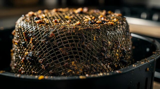 Close up of dirty air fryer basket with burnt food crumbs and grease residue after cooking