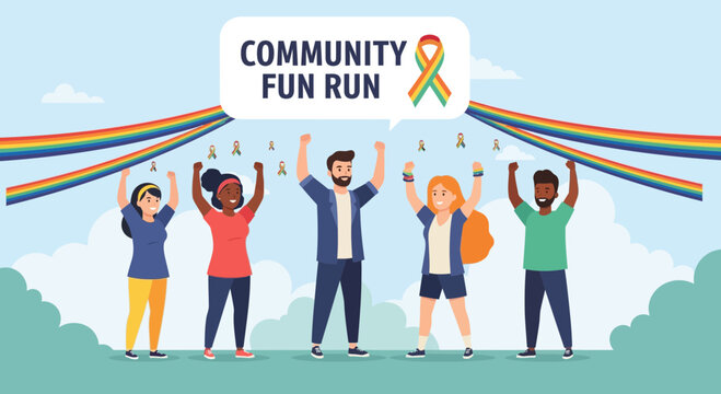 Diverse group of people celebrating at a community fun run event