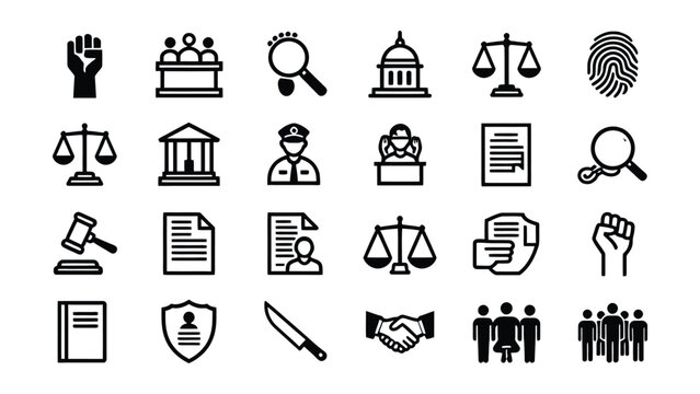 Set of diverse icons representing law justice and social equality concepts