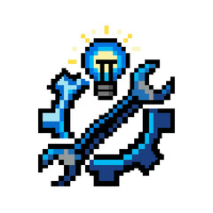 Fototapeta premium A pixel art illustration featuring a glowing light bulb, a metal wrench and a mechanical gear