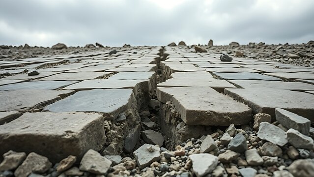 Cracked stone pavement with vertical offset after an earthquake, overcast sky.