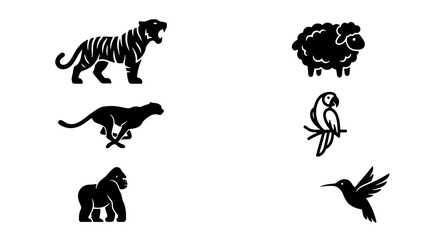 Silhouette Animal Icons: Majestic Tiger, Cheetah, Gorilla, Sheep, Parrot, Hummingbird Vector Set for Wildlife, Nature, and Zoo Graphics © safin