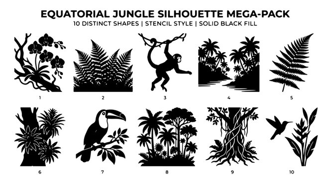 Equatorial Jungle Silhouette Mega-Pack: 10 Distinct Shapes, Stencil Style, Solid Black Fill Vector Graphics for Tropical Themed Designs
