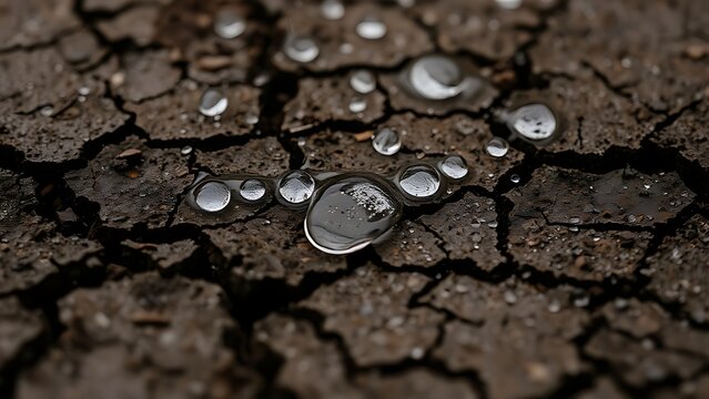 Close-up of raindrops on cracked earth, soil absorbing moisture.