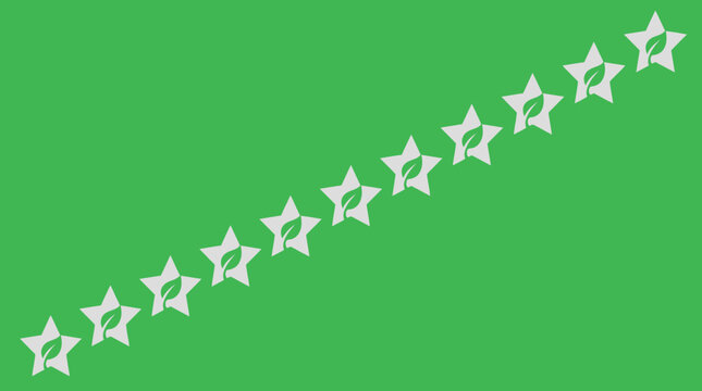 Diagonal line of white stars with green leaf icons on a vibrant green background, symbolizing eco-friendly quality, sustainable excellence, and environmental rating.