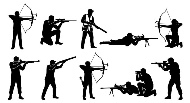 Silhouette Vector Icons of Archers and Riflemen, Hunting and Sport Shooting Poses, Action Figures for Outdoor Activities and Competitions