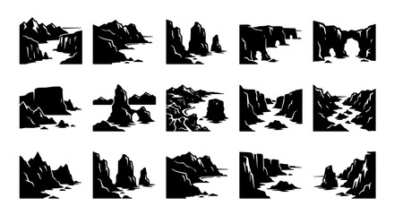 Dramatic Coastal Cliffs, Rugged Sea Stacks, and Rocky Shorelines Vector Set: Diverse Ocean Landscapes for Graphic Design and Nature Themes © safin