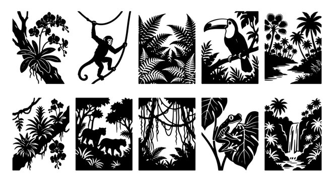 Jungle Silhouettes Vector Collection: Tropical Rainforest Scenes, Exotic Wildlife, Lush Flora, and Waterfall Landscapes for Nature Design