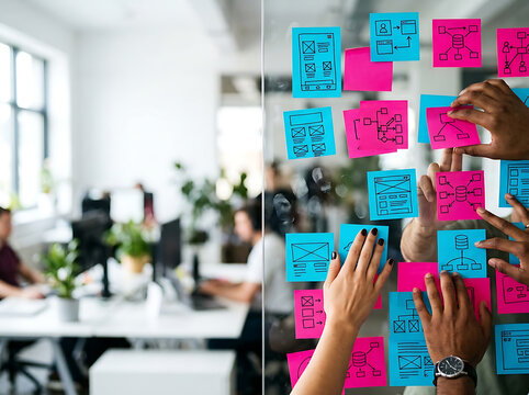 Collaborative business team brainstorming and organizing project tasks using colorful sticky notes on a glass partition in a bright office