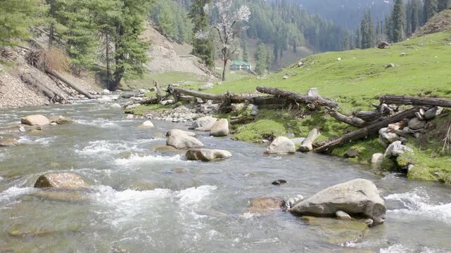 Low angle drone shot over a fast flowing rocky mountain stream in Jai Valley India.