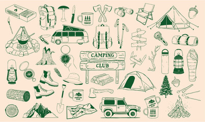Hand drawn camping and outdoor adventure doodle icon set, tents, gear, bonfire, van, mountains, forest elements. line art illustration style, perfect for travel design, nature wilderness projects. © Meryama