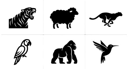 Black Silhouette Animal Icons Set: Tiger, Sheep, Cheetah, Parrot, Gorilla, Hummingbird Vector Graphics for Wildlife and Nature Designs © rahul
