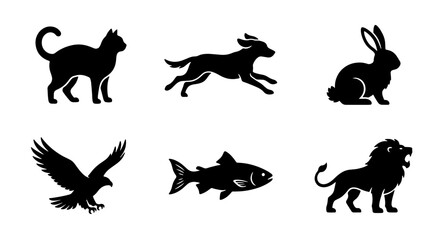 Obraz premium Silhouette Animal Icons Collection: Cat, Dog, Rabbit, Eagle, Fish, Lion Vector Graphics for Wildlife and Pet Themes