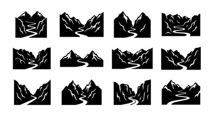 Fototapeta premium Black Mountain Range Vector Icons, Scenic Landscape Silhouettes, Winding River Valley Graphics, Nature Adventure Elements