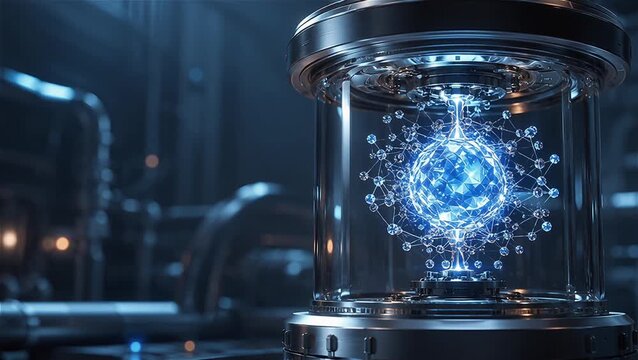 Glowing blue energy core in glass cylinder for sci-fi movie background and futuristic video game asset