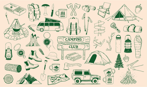 Hand drawn camping and outdoor adventure doodle icon set, tents, gear, bonfire, van, mountains, forest elements. line art illustration style, perfect for travel design, nature wilderness projects.