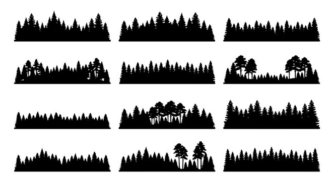 Diverse Forest Silhouettes Collection, 12 Vector Elements of Evergreen Trees, Pine Woods Landscape Borders, Nature Backgrounds for Design