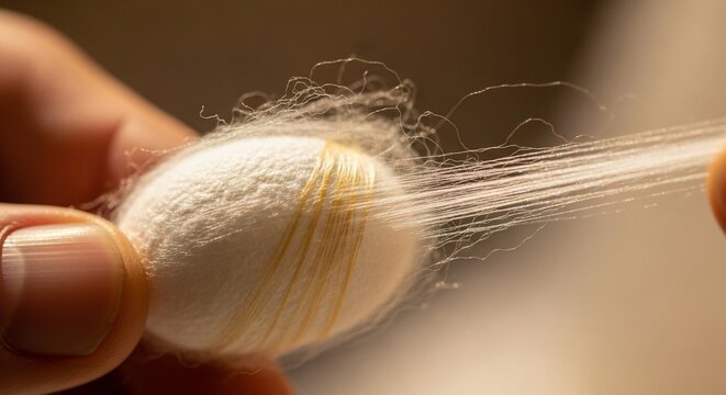 Cocoon with silk threads being unwound by hand