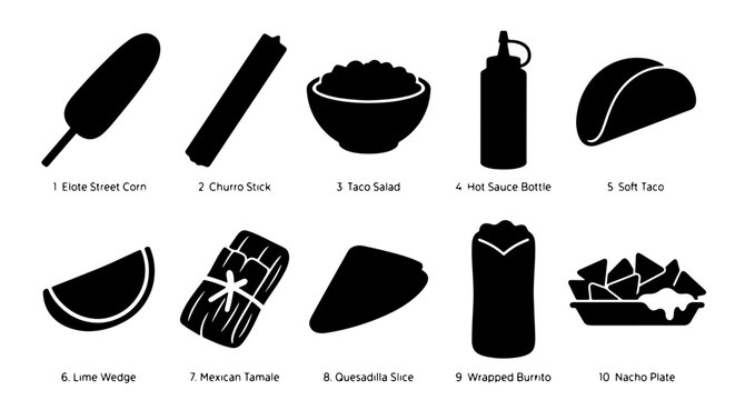 Mexican Food Icons Set: Elote, Churro, Taco Salad, Hot Sauce, Soft Taco, Lime, Tamale, Quesadilla, Burrito, Nachos Vector Graphics